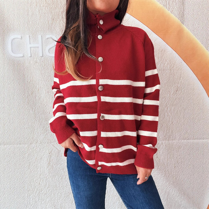 Damen gestreifter Strickcardigan mit Kapuze und Knopfdetails Drune