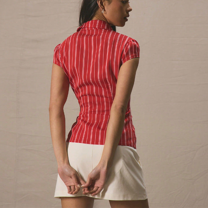 Damen Kurzarm Bluse mit Streifen und klassischen Knopfleisten Drune