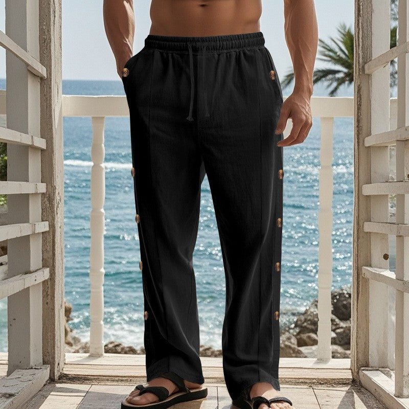 Herren nan weite Strandhose mit seitlicher Druckknopföffnung, elastischem Tunnelzug und luftigem Leinenmix Drune