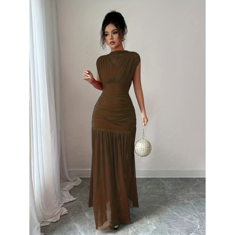 Damen Elegantes Maxikleid mit raffiniertem Drapée und transparentem Rock Drune