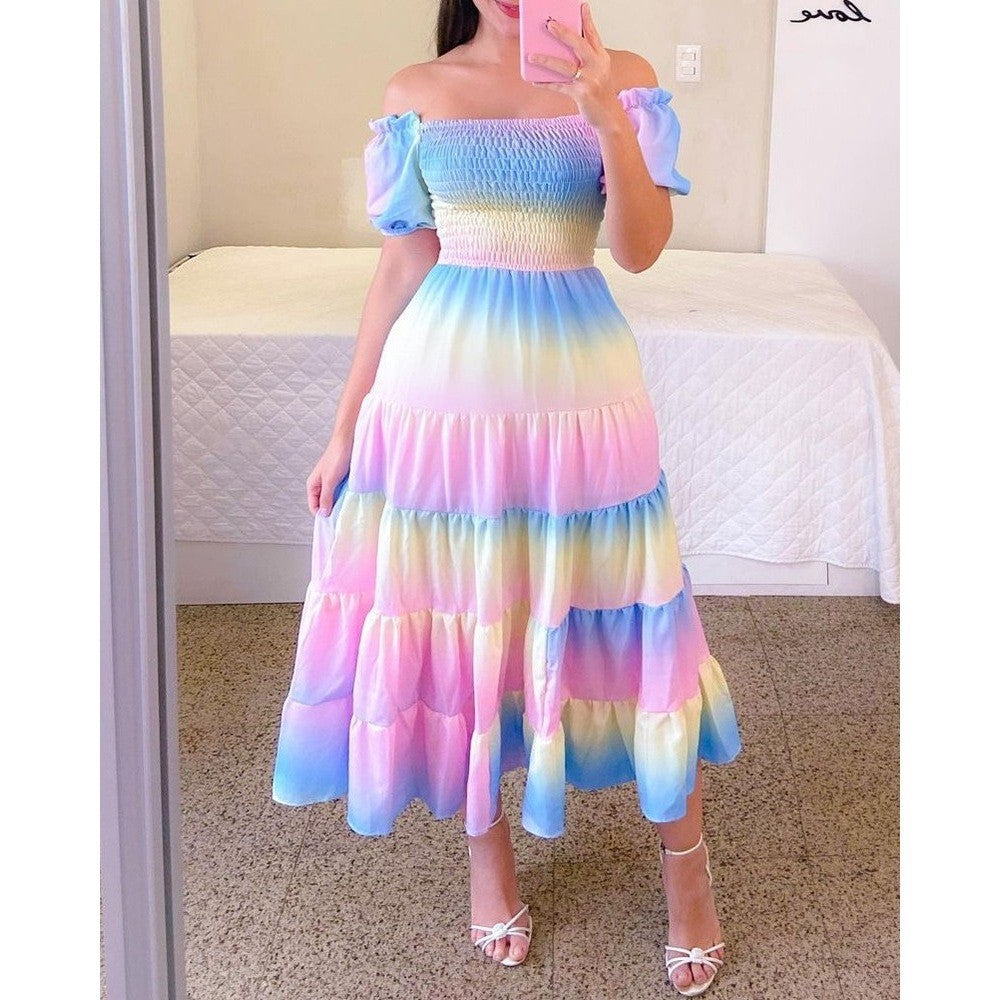 Damen Midi-Kleid mit schulterfreiem Design und verspieltem Schmetterlingsmuster Drune