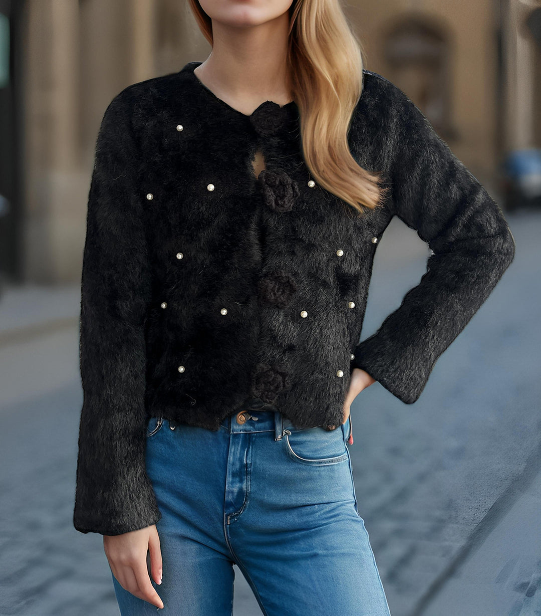 Damen feine Strickjacke mit Blumenapplikationen und Perlenakzenten Drune