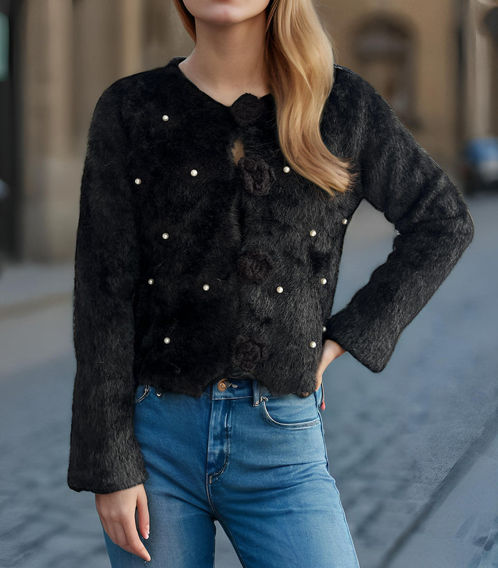 Damen feine Strickjacke mit Blumenapplikationen und Perlenakzenten Drune