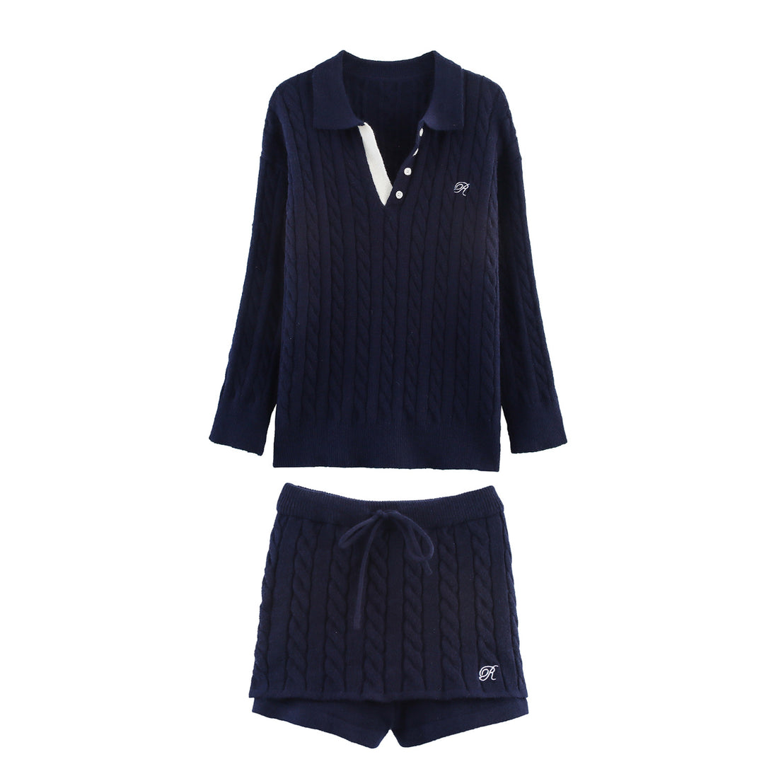 Damen Strick-Pyjama-Set mit klassischem Muster und elegantem Kragen Drune