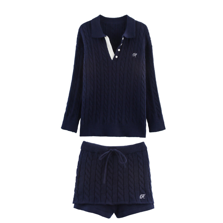 Damen Strick-Pyjama-Set mit klassischem Muster und elegantem Kragen Drune