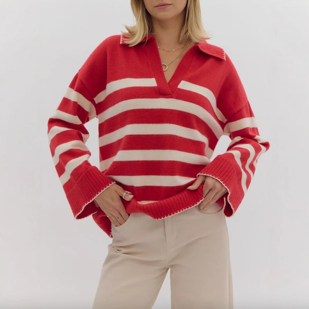Damen stylischer Strickpullover mit elegantem V-Ausschnitt und breitem Streifenmuster Drune