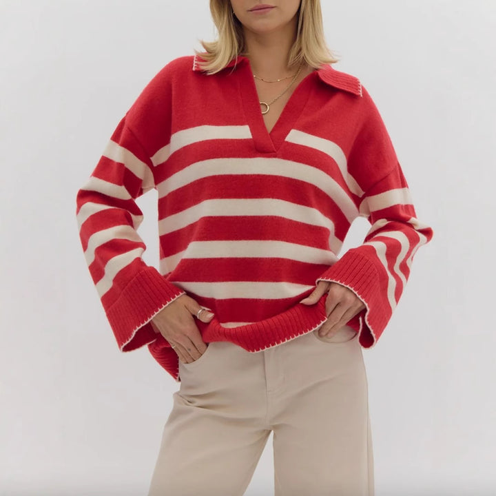 Damen stylischer Strickpullover mit elegantem V-Ausschnitt und breitem Streifenmuster Drune