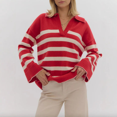 Damen stylischer Strickpullover mit elegantem V-Ausschnitt und breitem Streifenmuster Drune