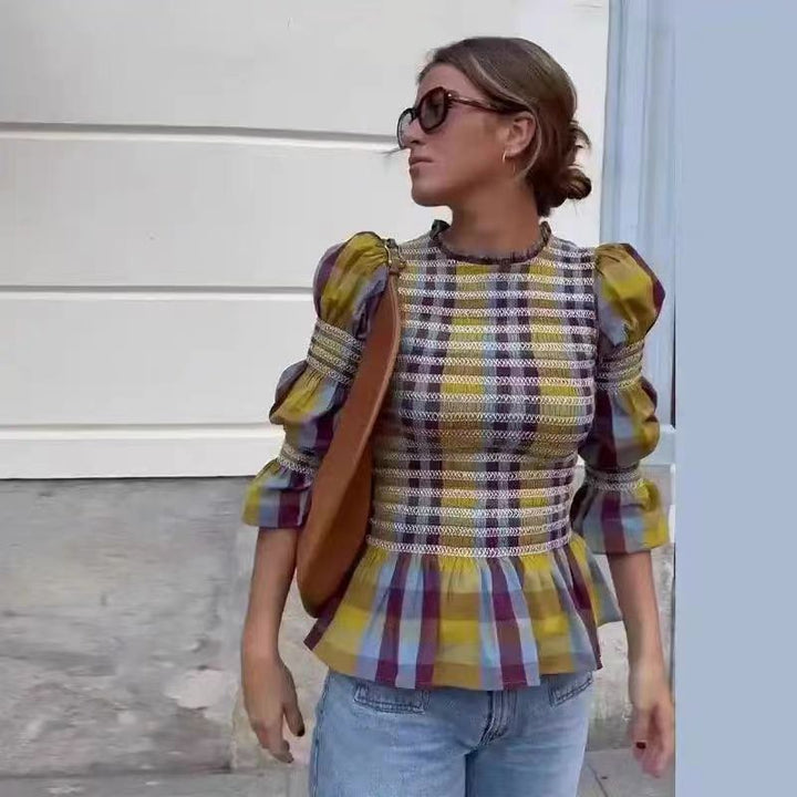 Damen Kleidung mit elastischen Rüschen und floralem Design Drune