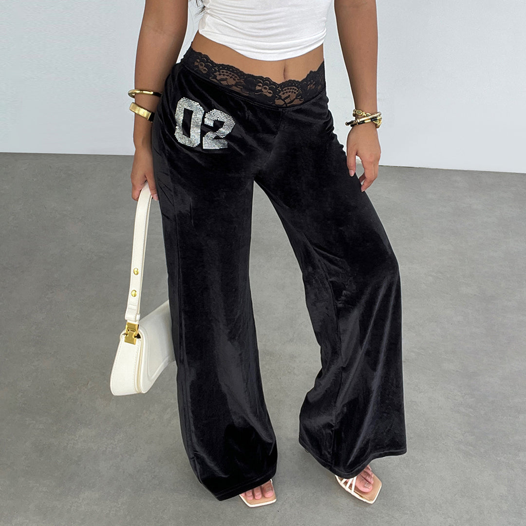 Damen weite Velvet-Palazzo-Hose mit Spitze Drune