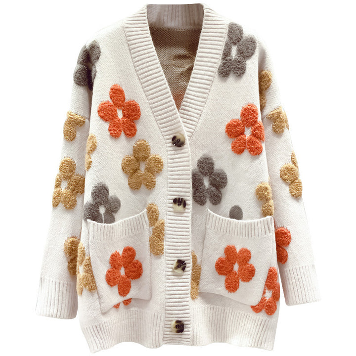 Damen kuschelige Strickjacke mit floralem Muster und offenen Vorderteilen Drune