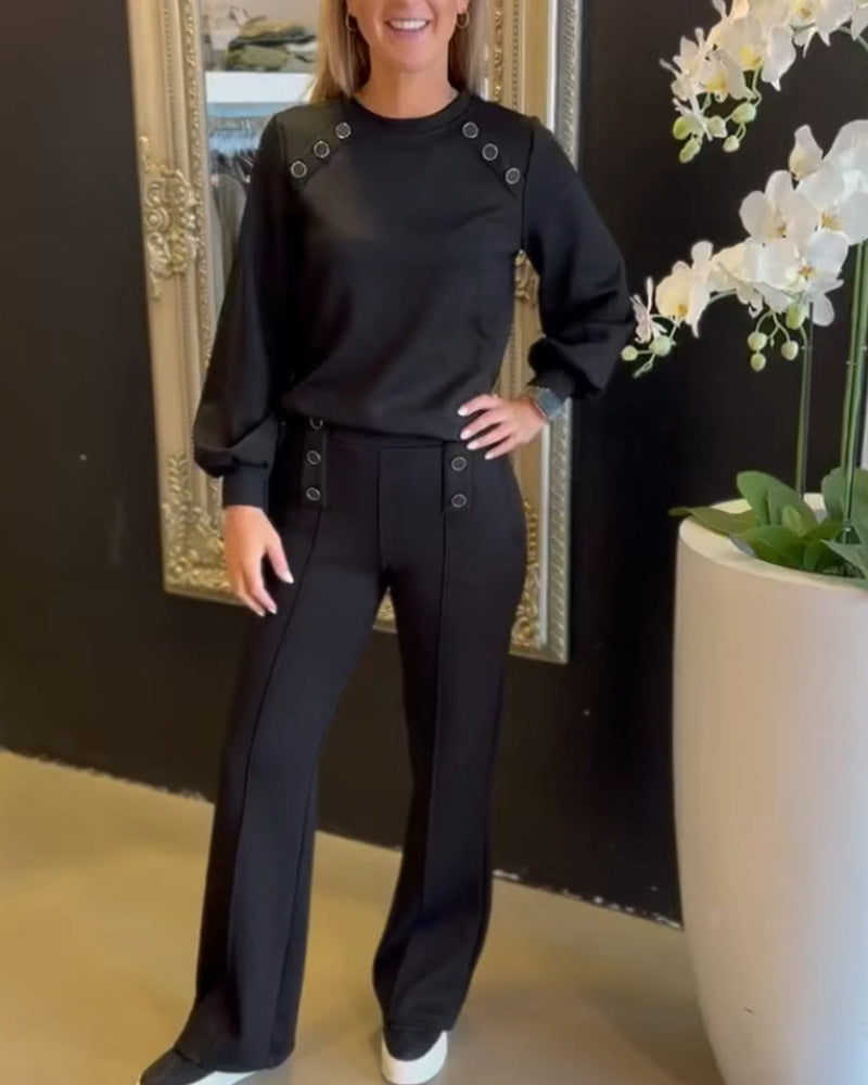 Damen elegantes Sweatshirt und stilvolle High-Waist-Hosen Set Drune