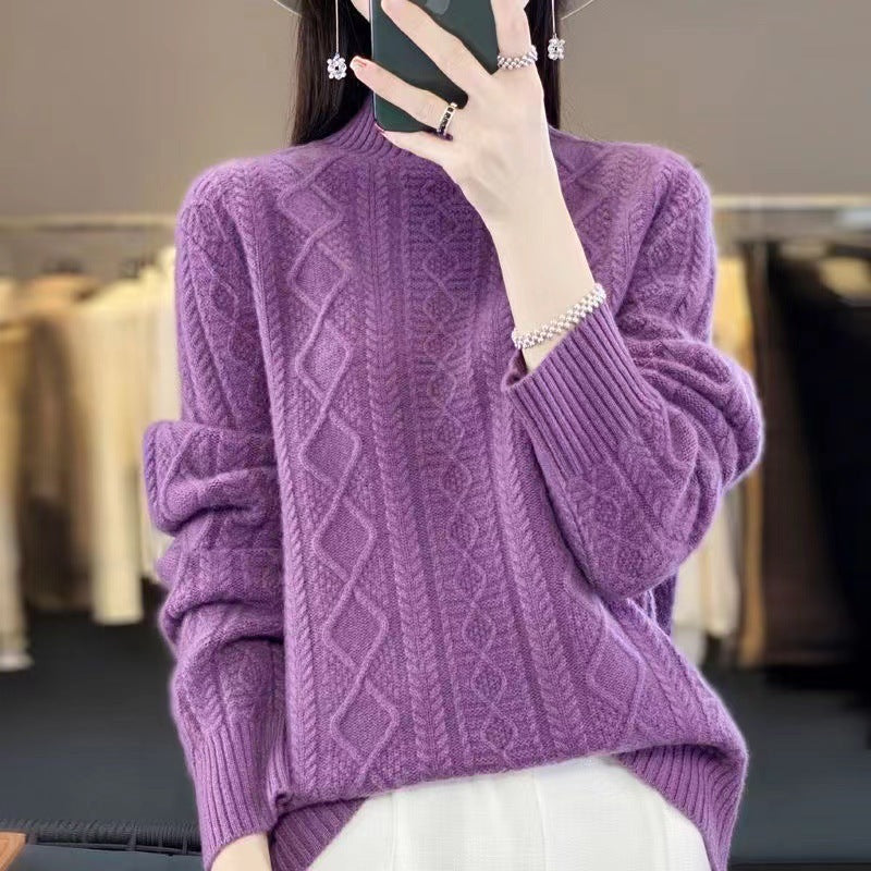 Damen Hochwertiger Strickpullover mit Stehkragen und Zopfdesign Drune