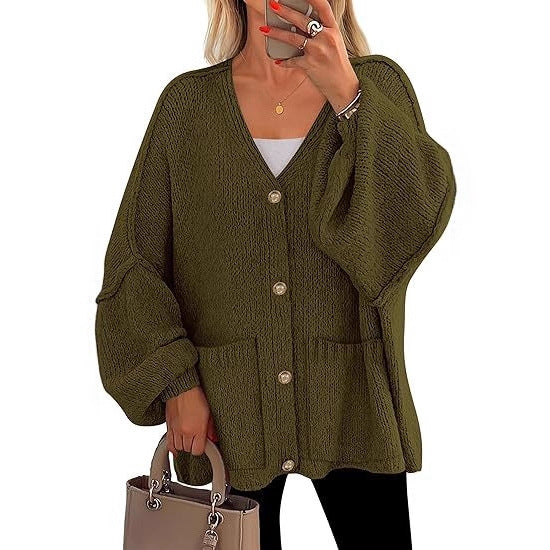 Damen Oversized Strickjacke mit Knöpfen und großen Taschen Drune