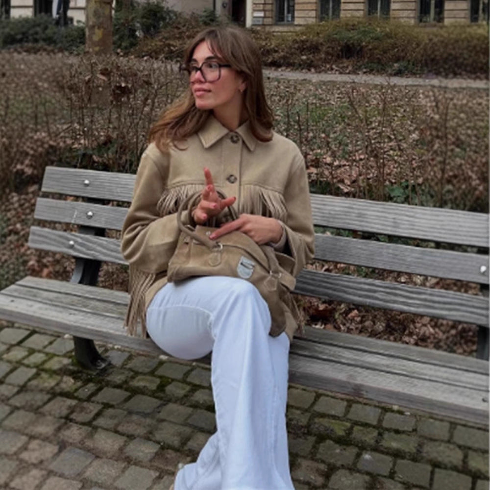 Damen geschmackvolle Kunstlederjacke mit Fransen Drune