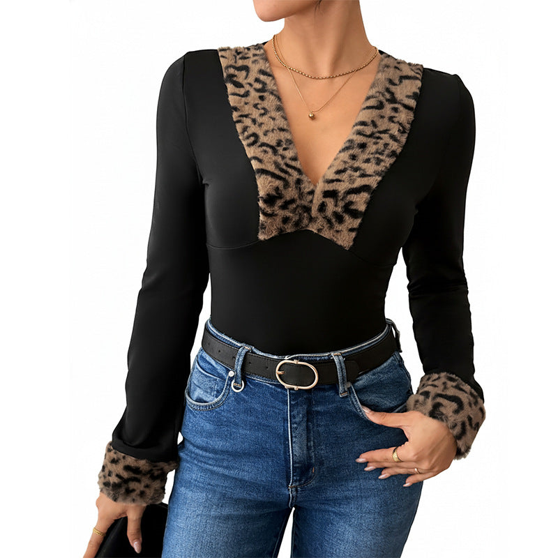 Damen Body mit voluminösem tiefem V-Ausschnitt und leichtem Leopardenmuster Drune
