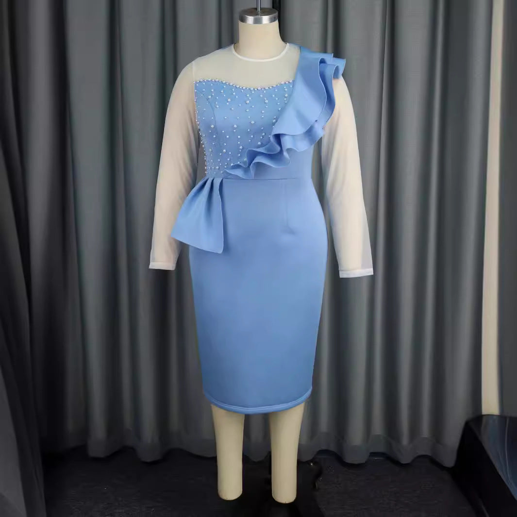 Damen elegantes Kleid mit Rüschen und Perlenapplikationen Drune