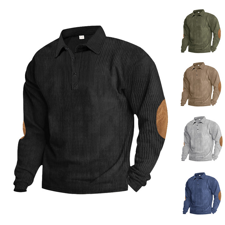 Herren lässiges Langarm-Henley-Shirt mit strukturiertem Rippenstoff und kontrastierenden Ellbogenpatches Drune