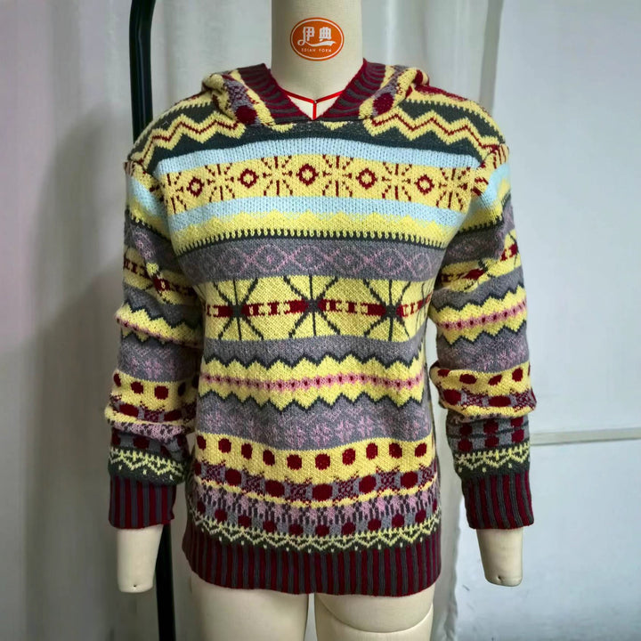 Damen nan oversized Strickkapuzenpullover mit Norwegermuster, gefütterter Kapuze und gerippten Bündchen Drune