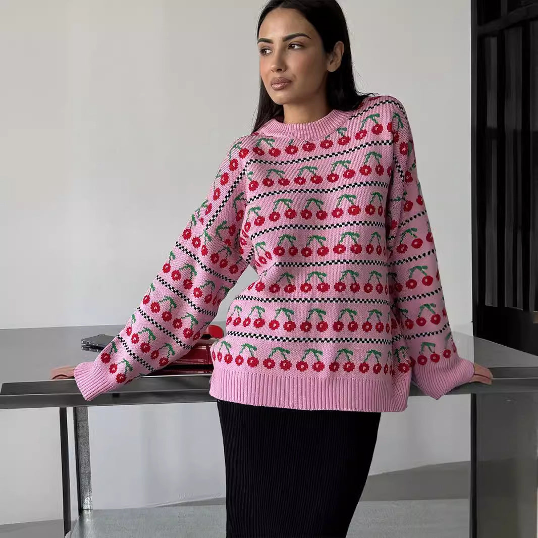 Damen Pullover mit fruchtigem Muster und bequemer Passform Drune