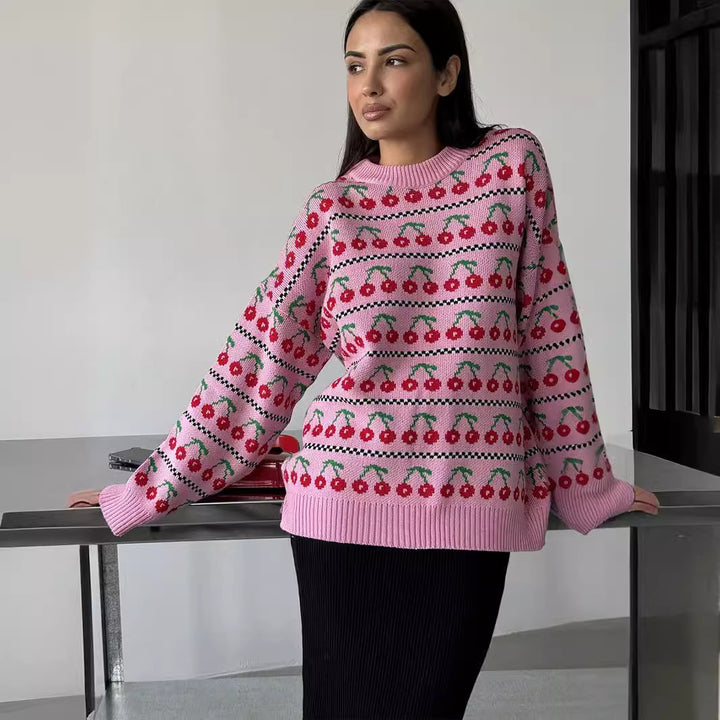 Damen Pullover mit fruchtigem Muster und bequemer Passform Drune