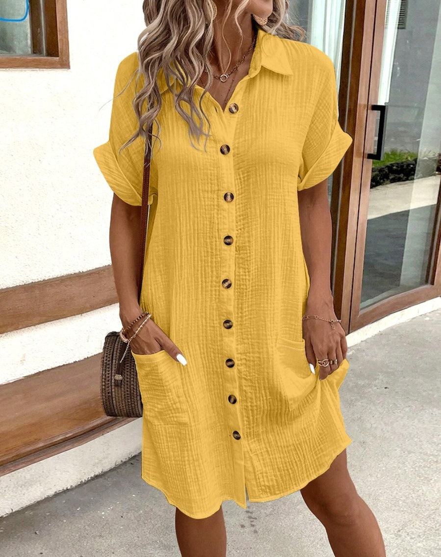 Damen lässiges Leinenhemdkleid mit Knopfleiste und Seitentaschen Drune