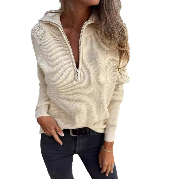 Damen modischer Strickpullover mit halben Reißverschluss und Rippstruktur Drune
