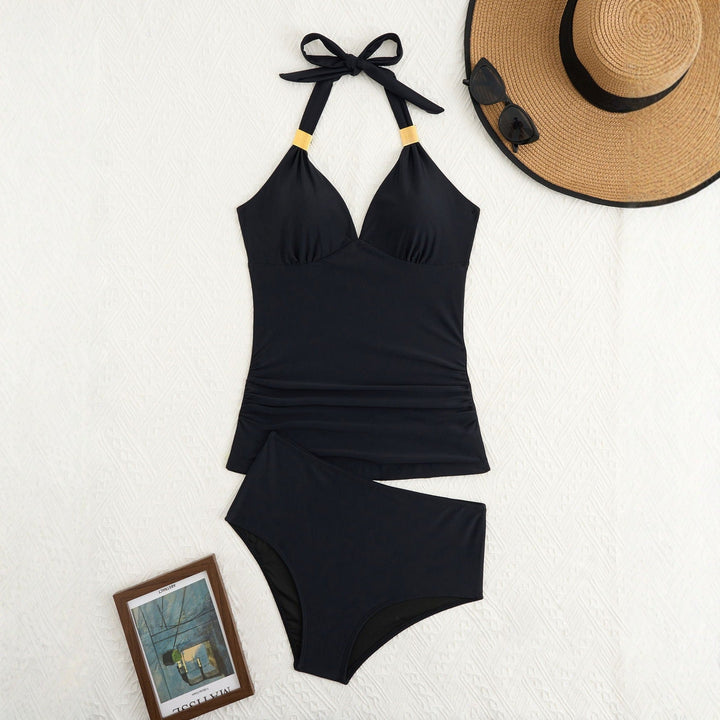 Damen eleganter Badeanzug mit raffiniertem V-Ausschnitt und goldenen Details Drune