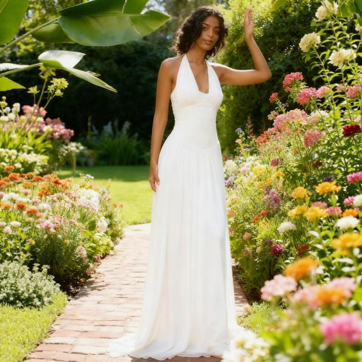 Damen Maxi-Kleid mit neckholder Design und fließendem Stoff Drune