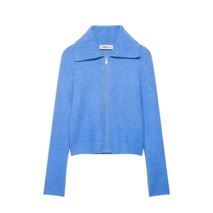 Damen nan kurz geschnittene Strickjacke mit Reißverschluss, breitem Umlegekragen und Rippbund Drune