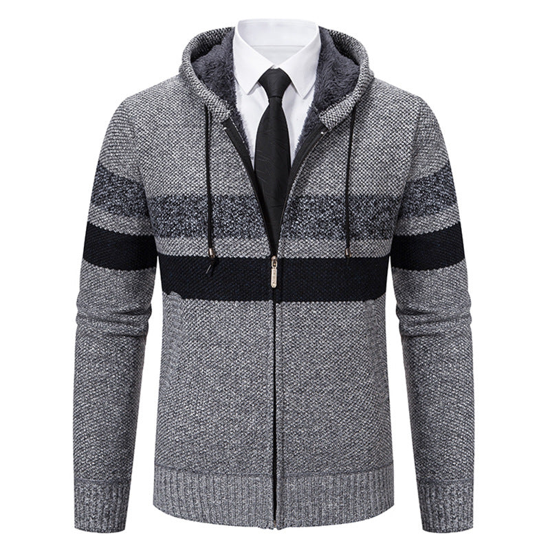 Herren nan gefütterte Kapuzen-Strickjacke mit Teddyfutter, durchgehendem Reißverschluss und kontrastierenden Streifen Drune