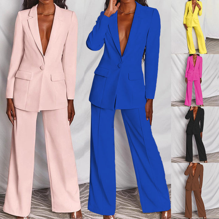 Damen nan eleganter taillierter Zweiteiler mit tiefem V-Revers, Ein-Knopf-Blazer und weiten Bundfaltenhosen Drune