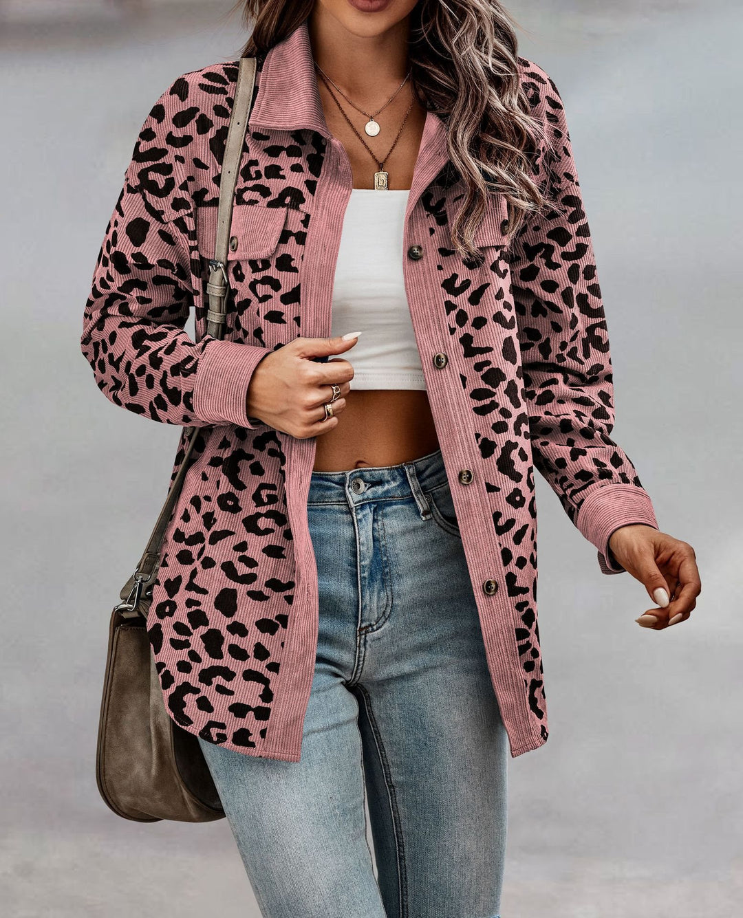 Damen Lässige Leoprint-Overshirtjacke mit durchgehender Knopfleiste und Taschen Drune