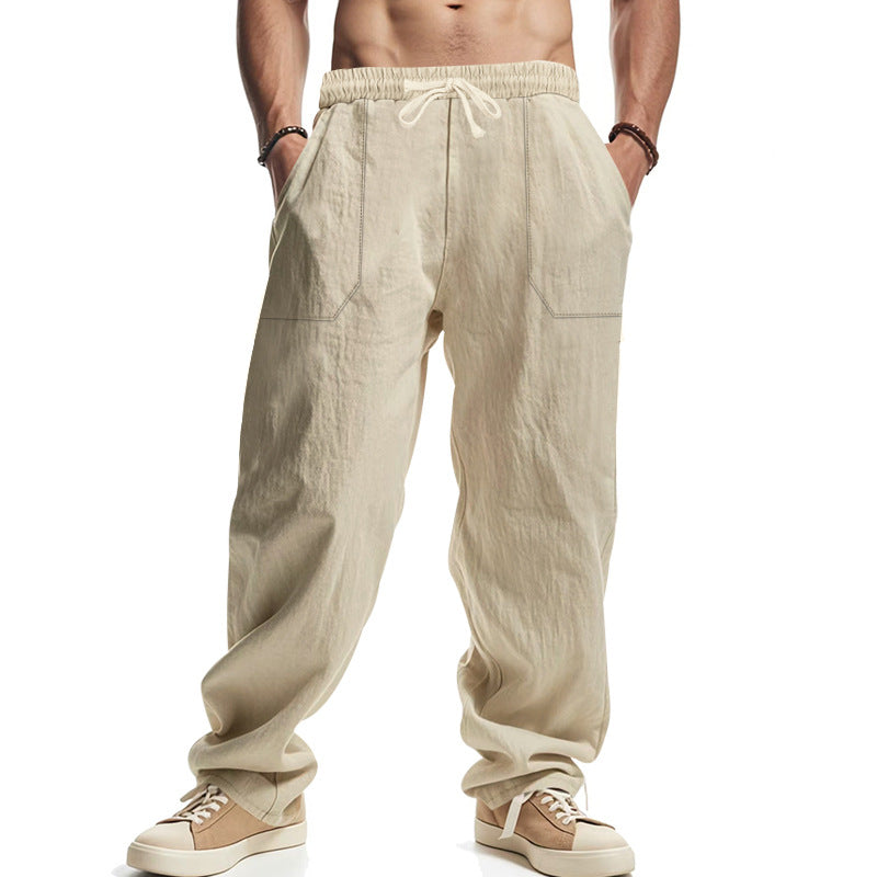 Herren nan lockere Leinenhose mit elastischem Bund, Tunnelzug und großen Eingrifftaschen Drune