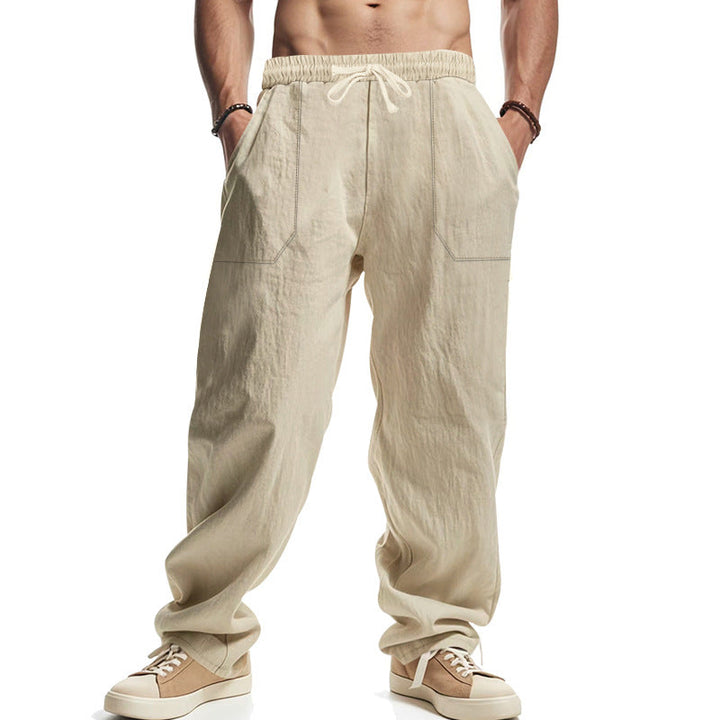 Herren nan lockere Leinenhose mit elastischem Bund, Tunnelzug und großen Eingrifftaschen Drune