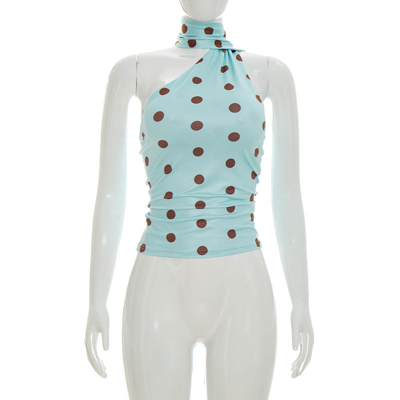 Damen asymmetrisches Oberteil mit verspieltem Punktmuster und elegantem Knoten Drune