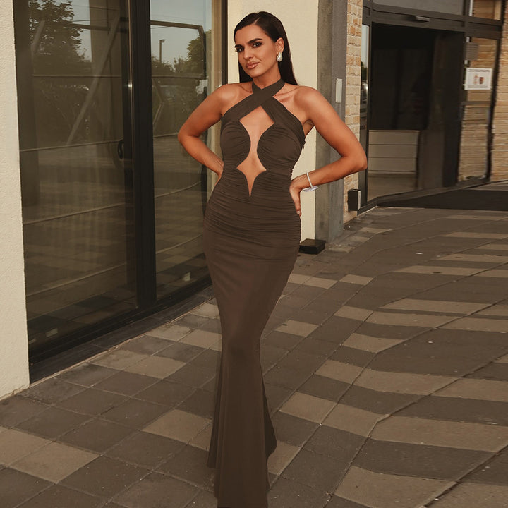 Damen Elegantes Hochzeitskleid mit Raffungen und tiefem Ausschnitt Drune
