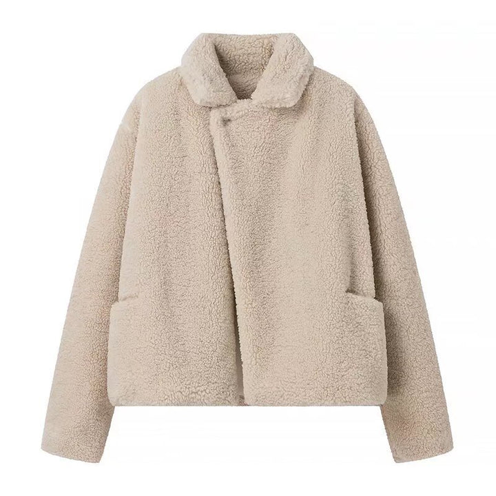 Damen nan kurze Teddyfelljacke mit Reverskragen, gefüttertem Innenfutter und aufgesetzten Taschen Drune