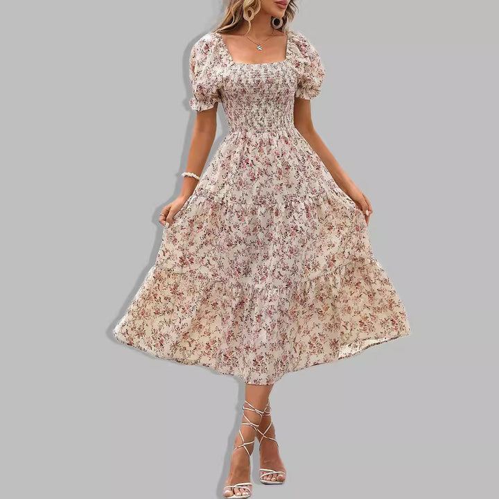 Damen romantisches Midikleid mit Puffärmeln und floralem Design Drune