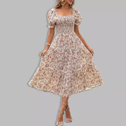 Damen romantisches Midikleid mit Puffärmeln und floralem Design Drune
