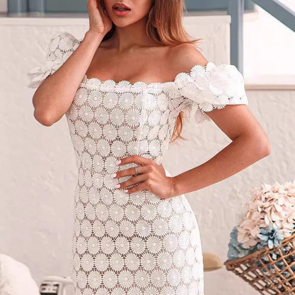 Damen Spitzenkleid mit floralen Elementen und voluminösen Ärmeln Drune