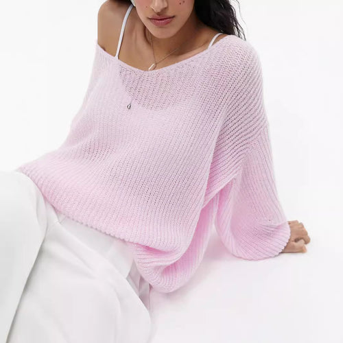 Damen lässiger Strickpullover mit weiten Ärmeln und tiefem V-Ausschnitt Drune