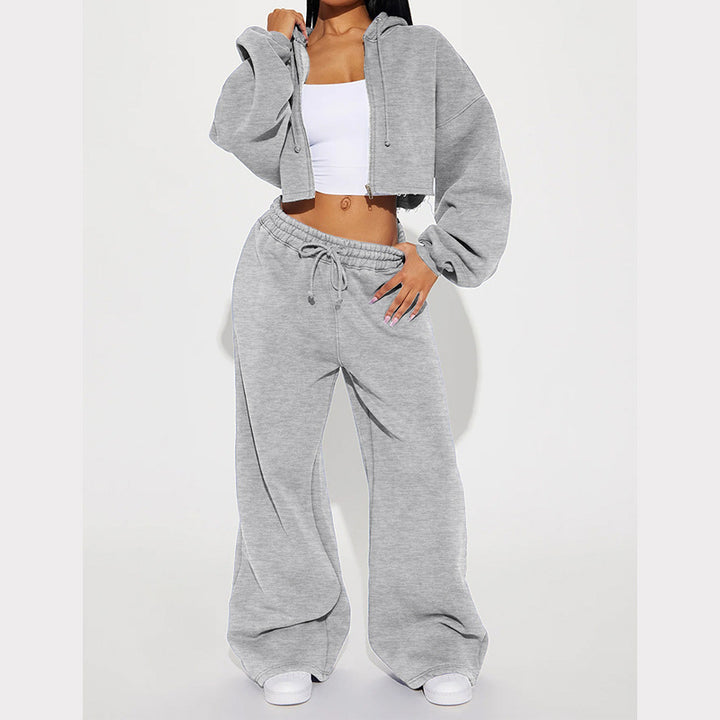 Damen nan Kapuzen-Crop-Top und weite Jogginghose Lounge-Set aus weichem Fleece Drune