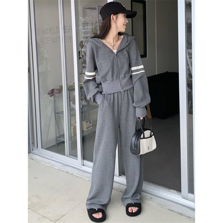 Damen Sportliches Hoodie- und Jogginghosen-Set mit sportivem Reißverschluss und weitem Schnitt Drune