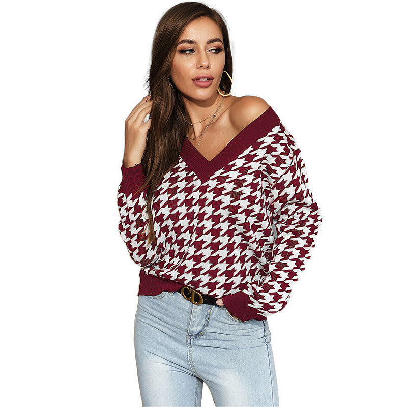 Damen lässiger Pullover mit V-Ausschnitt und modernem Hahnentrittmuster Drune