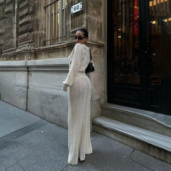 Damen elegantes gehäkeltes Maxikleid mit tiefem V-Ausschnitt Drune