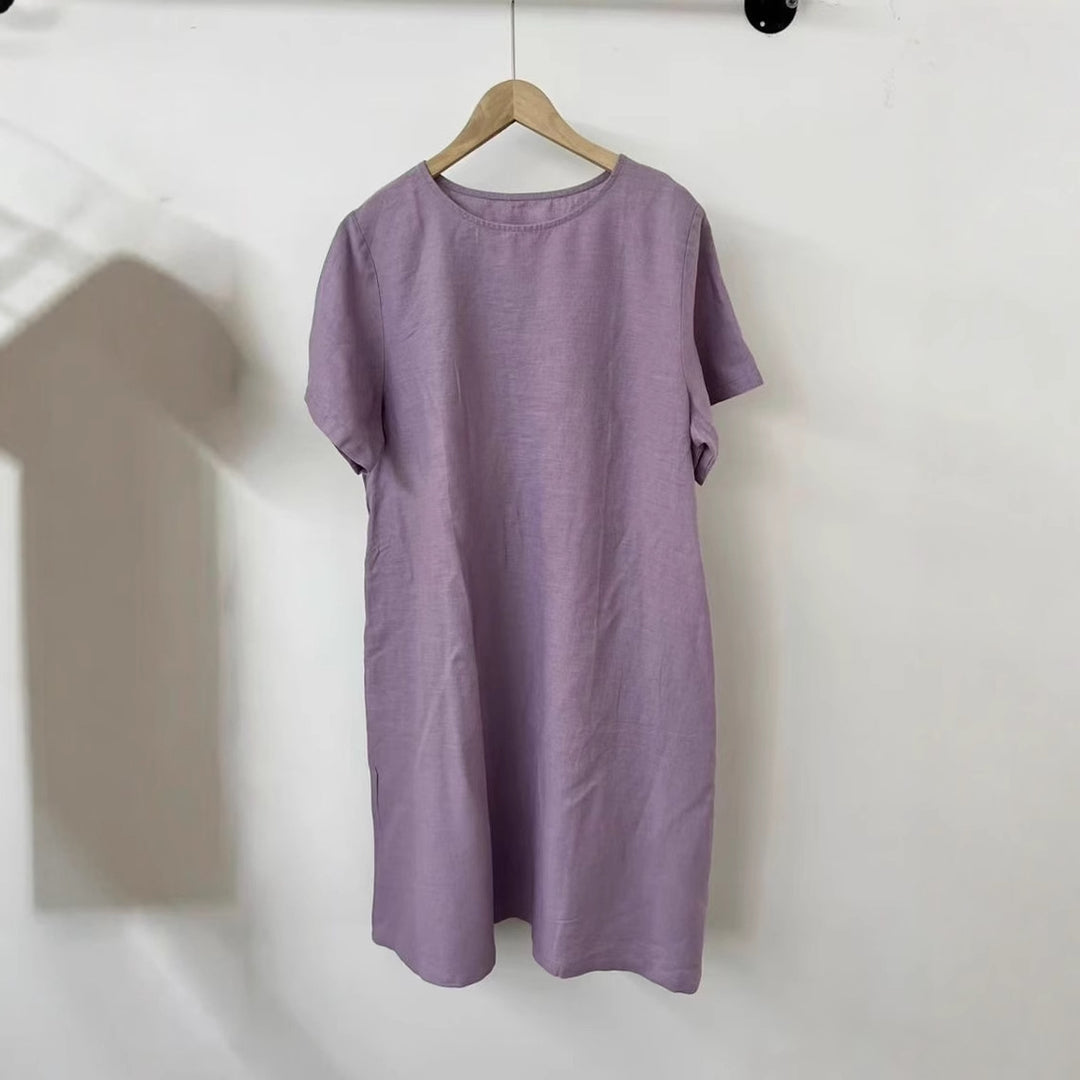 Damen Lässig Kurzarm Leinenkleid Drune