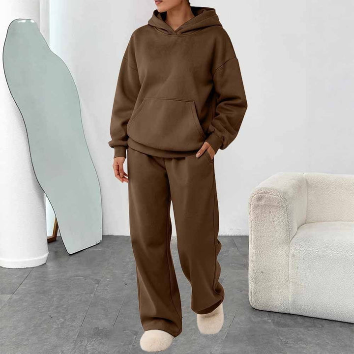 Damen nan zweiteiliges Freizeit-Lounge-Set mit Kapuzenpullover, Kängurutasche und gerader Loungehose aus weichem Baumwollmix Drune