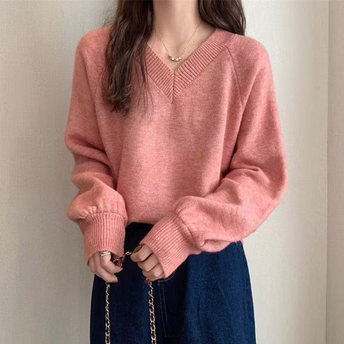 Damen Eleganter V-Ausschnitt Pullover mit feiner Stricktextur Drune