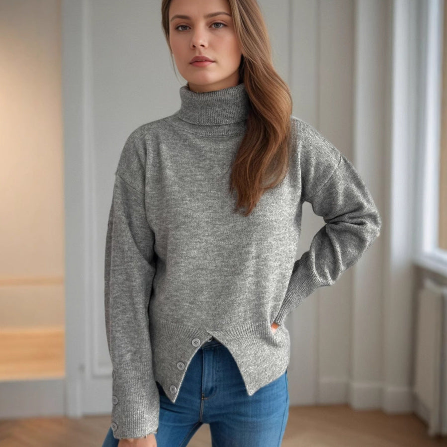 Damen modischer Rollkragenpullover mit Knopfdetails und asymmetrischem Saum Drune